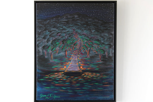 original painting by Jen Dufau of lanterns on a dock leading up a path into a forest symbolizing spiritual guidance.